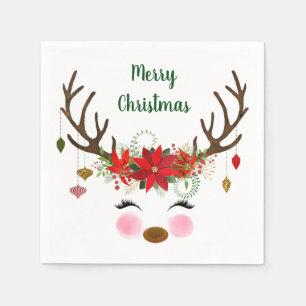 Cute Christmas Reindeer and Poinsettia Napkin
