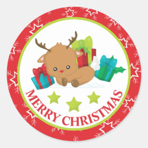 Cute Christmas Reindeer and Presents Classic Round Sticker