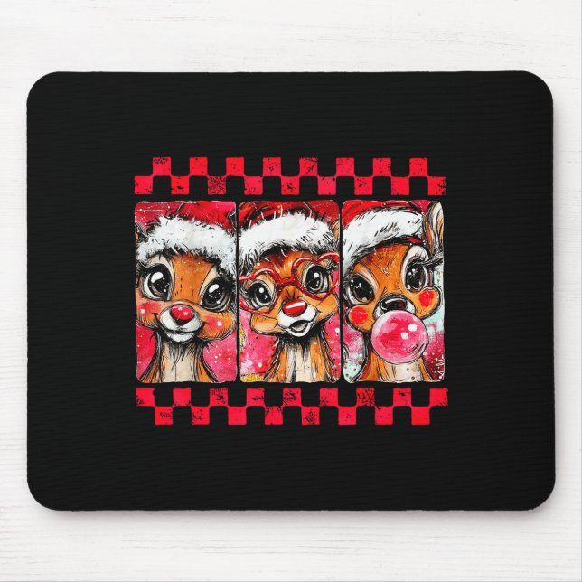 Cute Christmas Reindeer Blowing Bubble Gum Brushst Mouse Mat (Front)