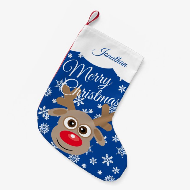 Cute Christmas Reindeer Blue White Script Name Small Christmas Stocking (Front (Hanging))