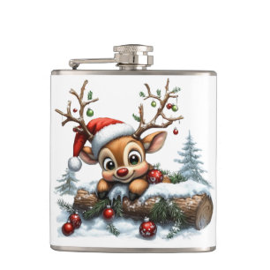 Cute Christmas Reindeer Card with Ornaments Hip Flask