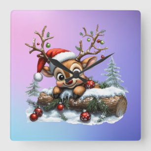 Cute Christmas Reindeer Card with Ornaments Square Wall Clock