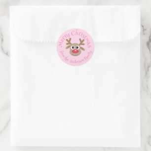 Cute Christmas Reindeer Cartoon Girly Pink Classic Round Sticker