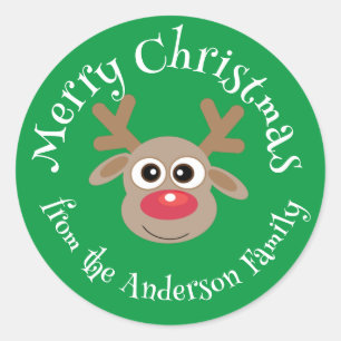 Cute Christmas Reindeer Cartoon Green White Type Classic Round Sticker
