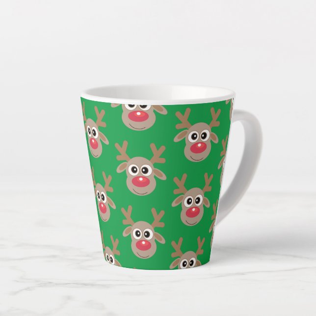 Cute Christmas Reindeer Cartoon Pattern Green Latte Mug (Right Angle)