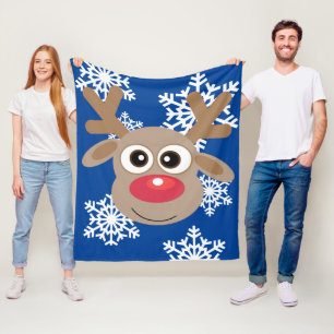 Cute Christmas Reindeer Cartoon Snowflake Blue Fun Fleece Blanket