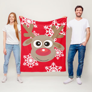 Cute Christmas Reindeer Cartoon Snowflake Red Fun Fleece Blanket