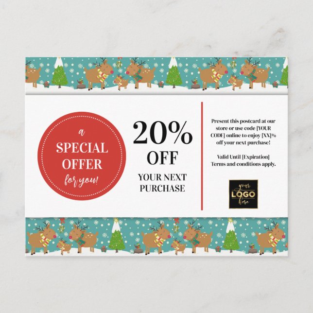 Cute Christmas Reindeer Custom Coupon Discount  Postcard (Front)