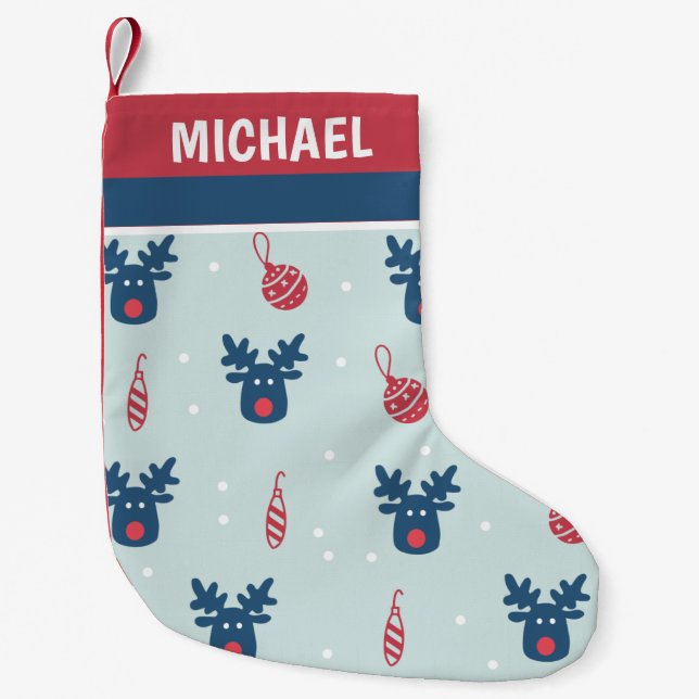 Cute Christmas Reindeer Face Pattern Personalised Small Christmas Stocking (Front)