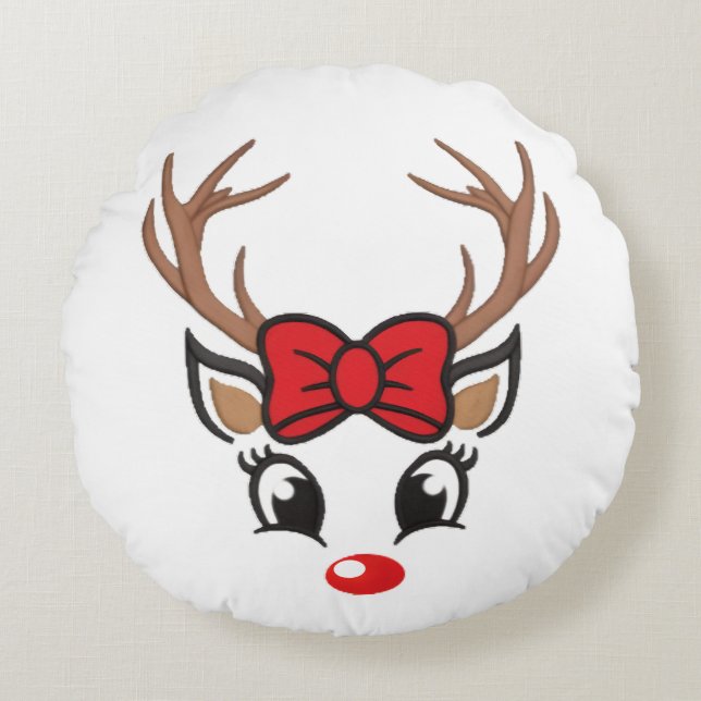 Cute Christmas Reindeer Face Round Cushion (Front)