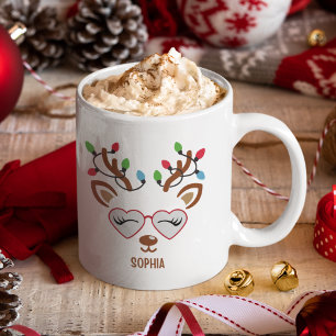 Cute Christmas reindeer face With Ligths Coffee Mug
