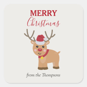 Cute Christmas Reindeer Family Name Square Sticker