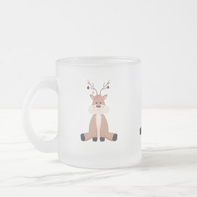 Cute Christmas Reindeer Frosted Glass Coffee Mug (Left)