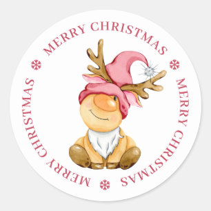 Cute Christmas Reindeer Gnome Personalised Classic Round Sticker