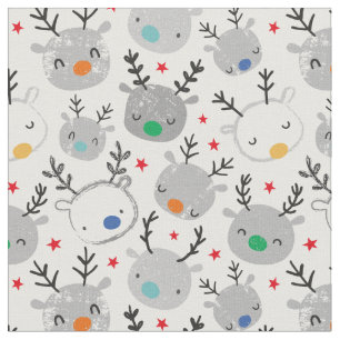 Cute Christmas Reindeer Heads on white Fabric
