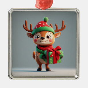 Cute Christmas Reindeer Holding a Gift Box Metal Tree Decoration
