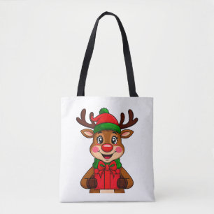 Cute Christmas Reindeer Holding a Gift Tote Bag