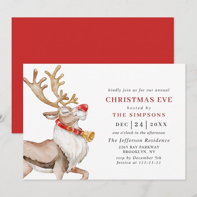 Cute Christmas Reindeer Holiday CHRISTMAS EVE Invitation (Front/Back)