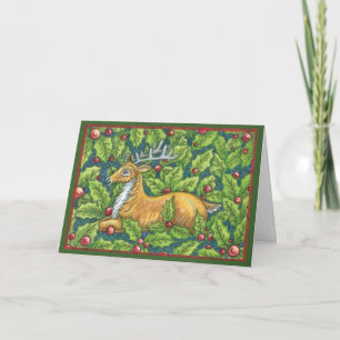 Cute Christmas Reindeer in Forest with Holly Holiday Card