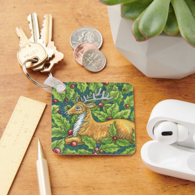 Cute Christmas Reindeer in Forest with Holly Key Ring (Desk)