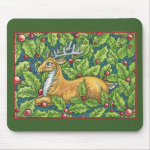 Cute Christmas Reindeer in Forest with Holly Mouse Mat
