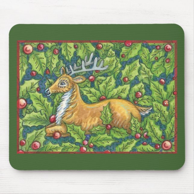 Cute Christmas Reindeer in Forest with Holly Mouse Mat (Front)