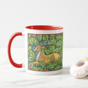 Cute Christmas Reindeer in Forest with Holly Mug