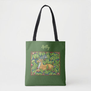 Cute Christmas Reindeer in Forest with Holly Tote Bag
