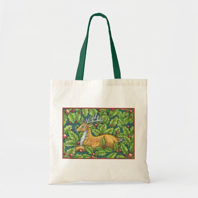 Cute Christmas Reindeer in Forest with Holly Tote Bag (Front)