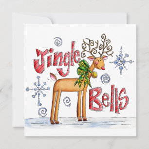 Cute Christmas Reindeer, Jingle Bells Snowflakes Holiday Card