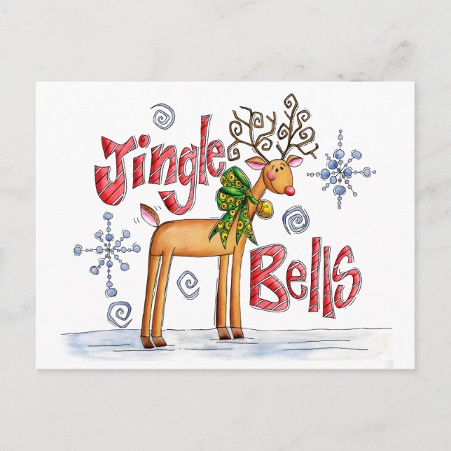 Cute Christmas Reindeer, Jingle Bells Snowflakes Holiday Postcard (Front)