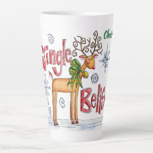 Cute Christmas Reindeer, Jingle Bells Snowflakes Latte Mug