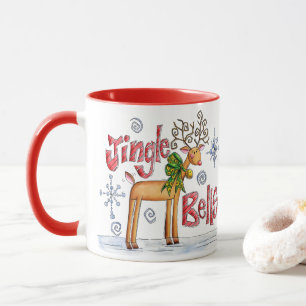 Cute Christmas Reindeer, Jingle Bells Snowflakes Mug