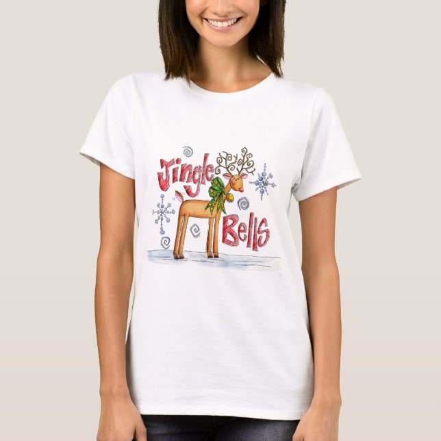Cute Christmas Reindeer, Jingle Bells Snowflakes T-Shirt (Front)