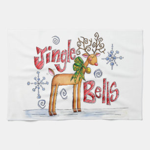 Cute Christmas Reindeer, Jingle Bells Snowflakes Tea Towel