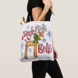 Cute Christmas Reindeer, Jingle Bells Snowflakes Tote Bag