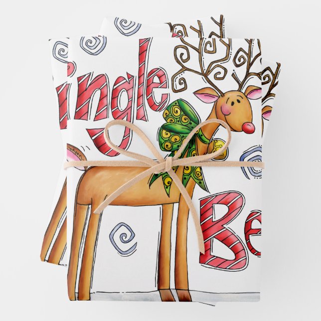 Cute Christmas Reindeer, Jingle Bells Snowflakes Wrapping Paper Sheet (In situ)