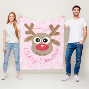 Cute Christmas Reindeer Named Script Girly Pink Fleece Blanket