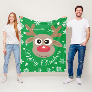 Cute Christmas Reindeer Named White Script Green Fleece Blanket