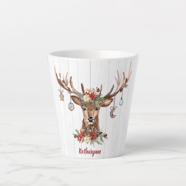Cute Christmas Reindeer Ornaments | Rustic Wood Latte Mug (Front)