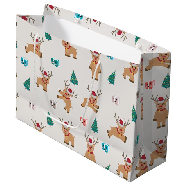 Cute Christmas Reindeer Pattern Large Gift Bag (Front Angled)