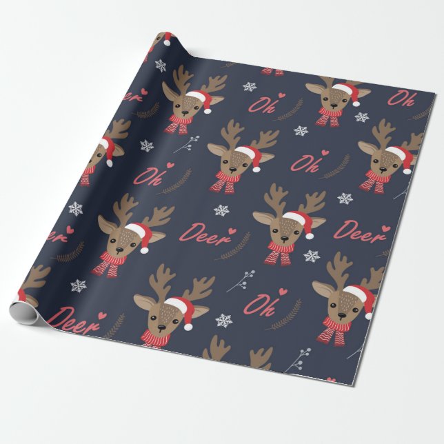 Cute Christmas Reindeer Pattern Wrapping Paper (Unrolled)
