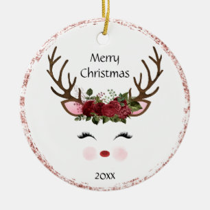 Cute Christmas Reindeer Red Floral Ceramic Ornamen Tree Decoration