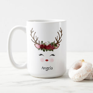 Cute Christmas Reindeer Red Floral Coffee Mug