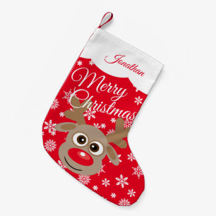 Cute Christmas Reindeer Red White Script Name Small Christmas Stocking