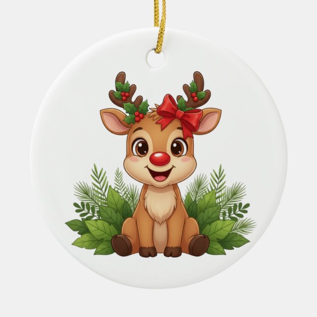 Cute Christmas Reindeer, Reindeer Holiday  Ceramic Tree Decoration (Front)