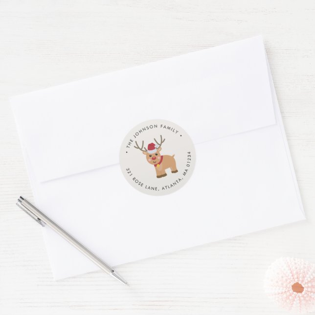 Cute Christmas Reindeer Return Address Classic Round Sticker (Envelope)