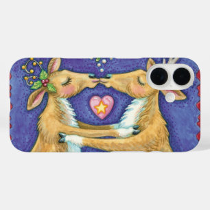 Cute Christmas Reindeer, Romantic Kiss w Mistletoe iPhone 16 Case