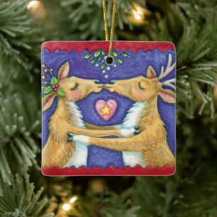 Cute Christmas Reindeer, Romantic Kiss w Mistletoe Ceramic Tree Decoration