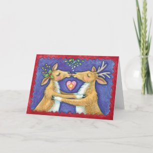 Cute Christmas Reindeer, Romantic Kiss w Mistletoe Holiday Card